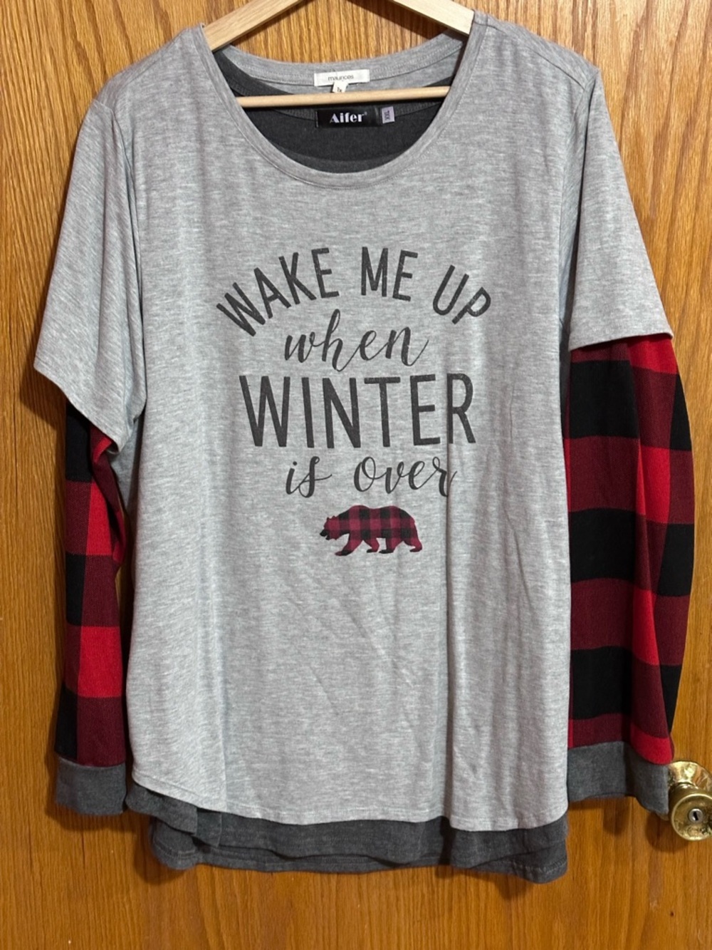 Maurices Grey Graphic Layered-Look Top with Buffalo plaid wake me up sz 1X